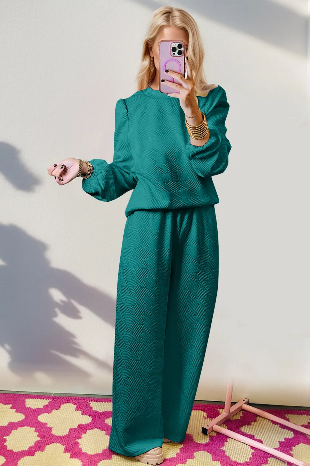 Double Take Texture Long Sleeve Top and Wide Leg Pants Set.