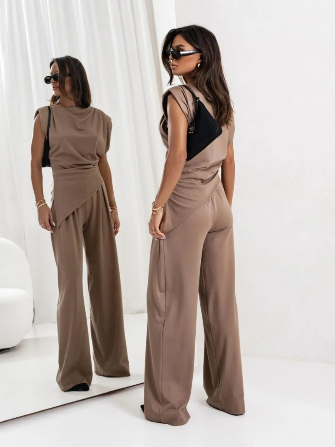 Slit Ruched Top and Wide Leg Pants Set.