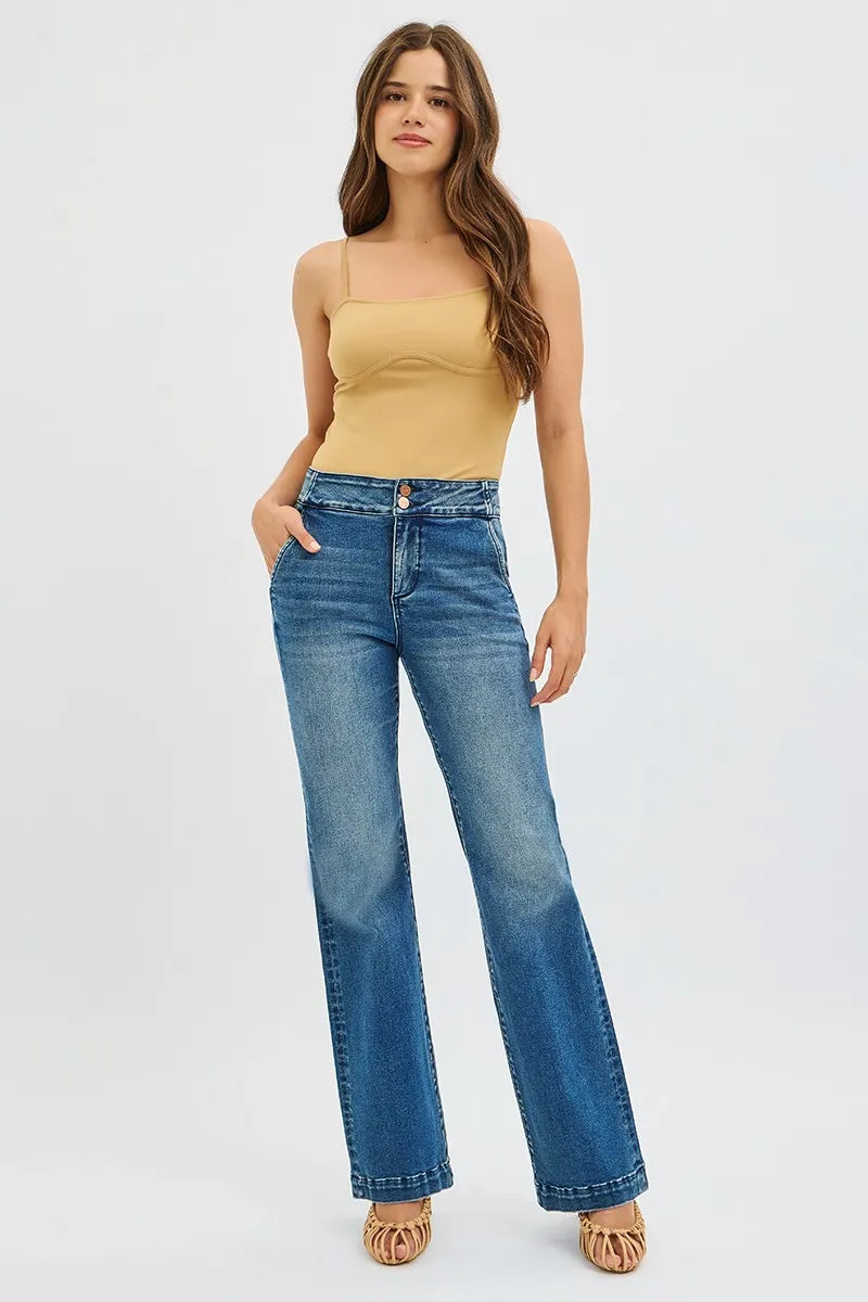 RISEN Full Size Tummy Control High Rise Bootcut Jeans with Double Button Waistband Plus Size.