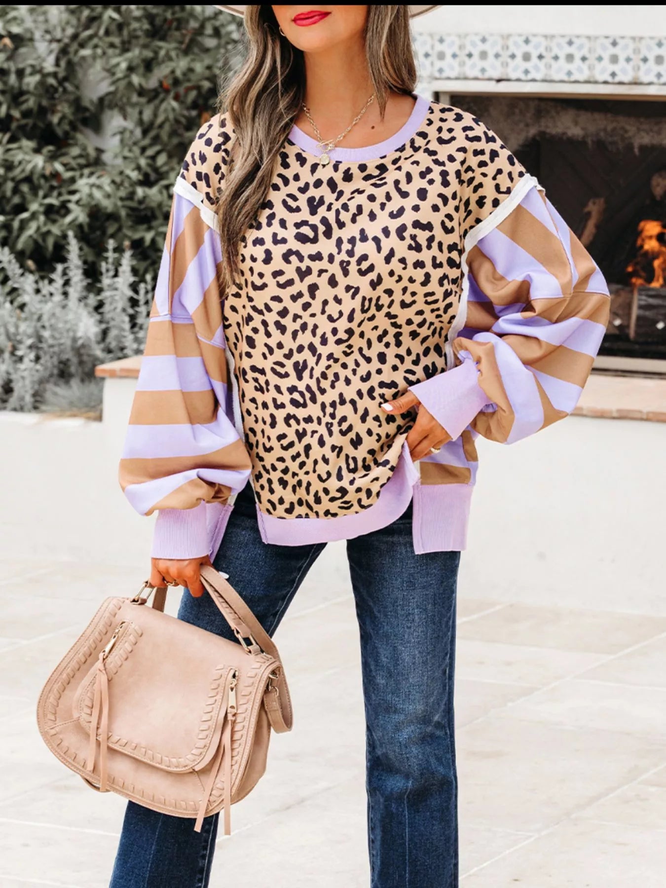 Stripe Color Block Patchwork Leopard Casual Sweatshirt with Slits.