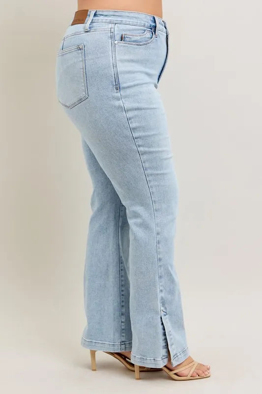 Judy Blue Full Size Tummy Control Vintage Wash Side Slit Slim Boot Jeans Plus Size.