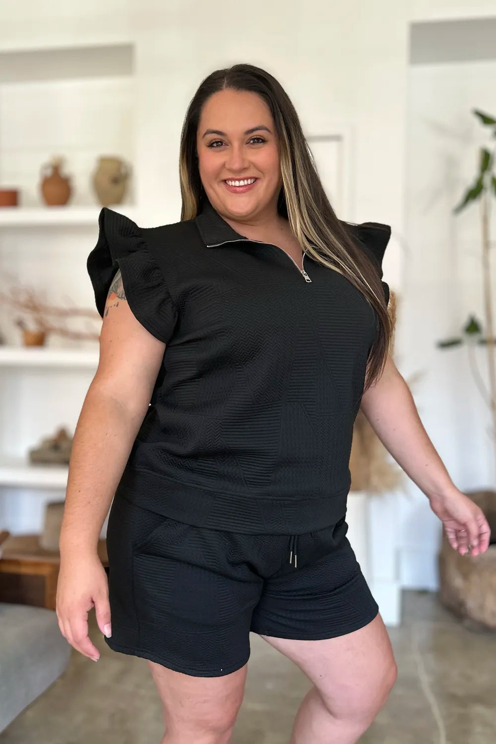 Double Take Full Size Texture Flounce Sleeve Top and Shorts Set.