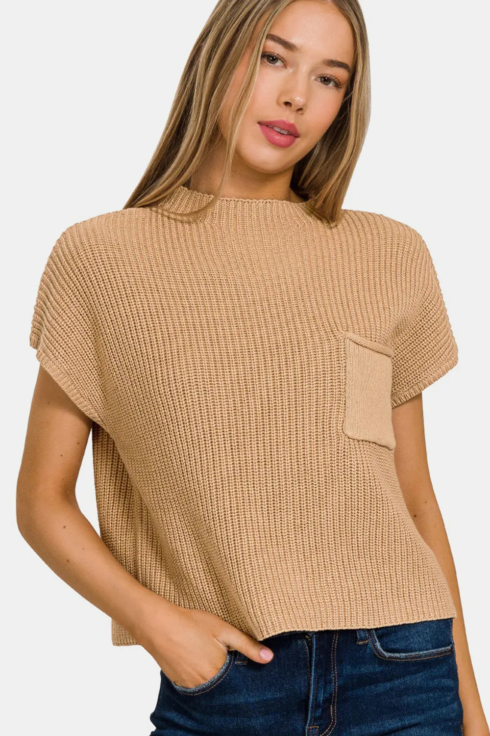 Zenana Mock Neck Short Sleeve Cropped Sweater.