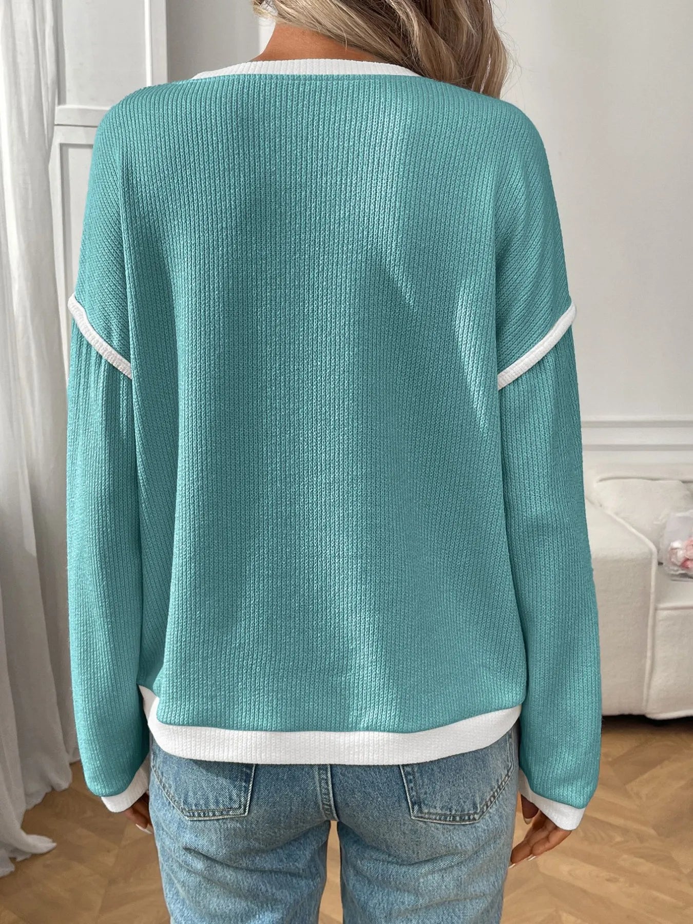 Ribbed Contrast Trim Long Sleeve Top.