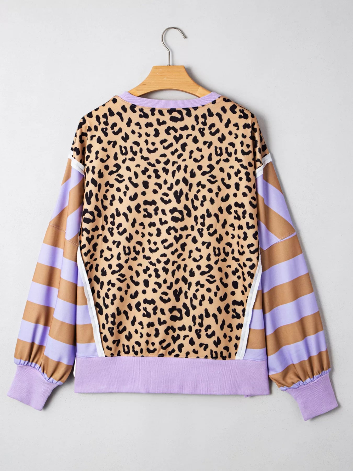 Stripe Color Block Patchwork Leopard Casual Sweatshirt with Slits.