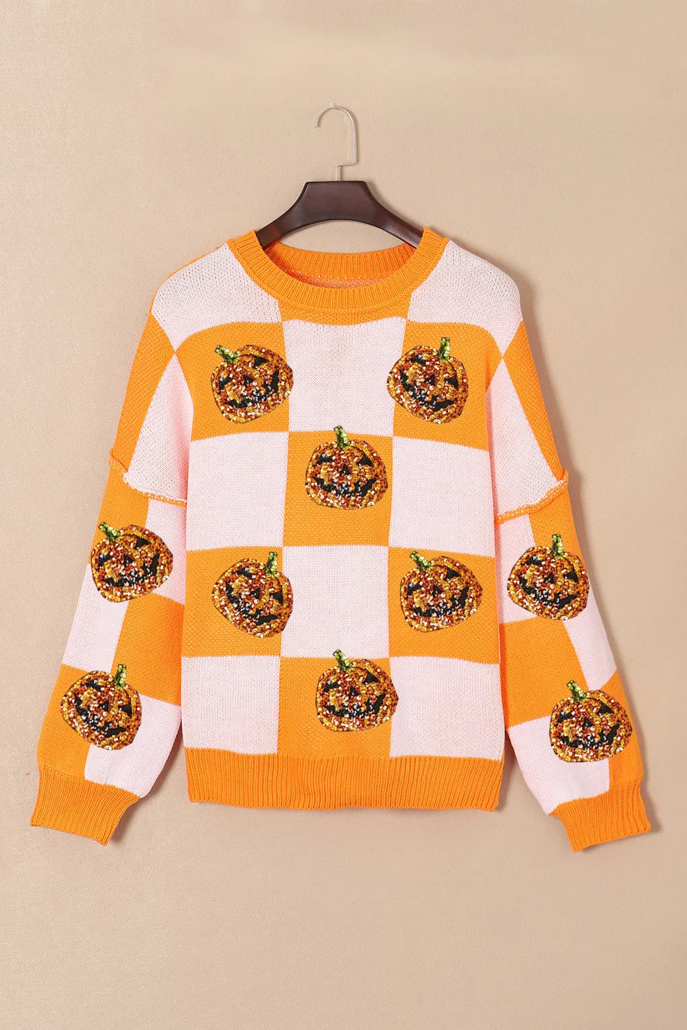 Pumpkin Checkered Round Neck Long Sleeve Sweater.