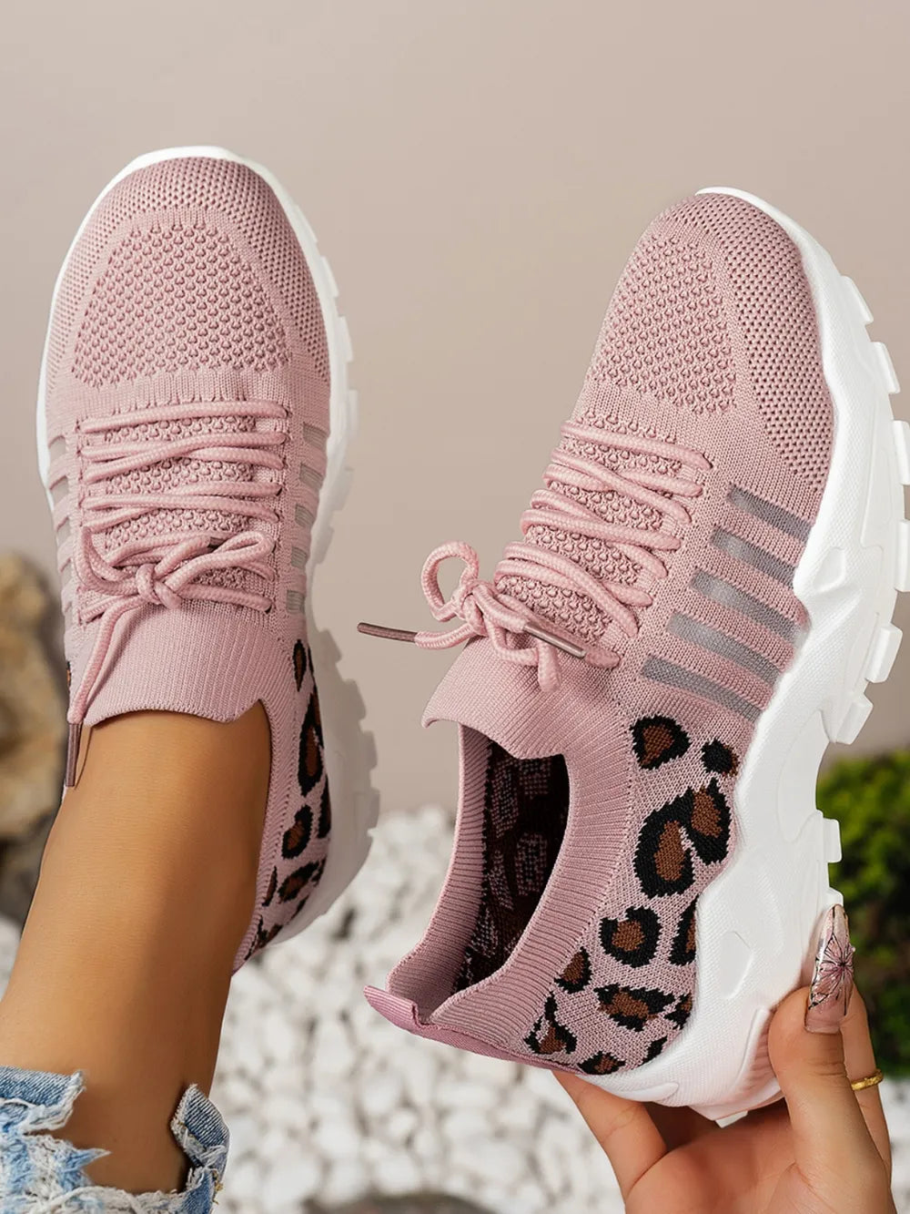 Cutout Leopard Lace Up Mesh Athletic.