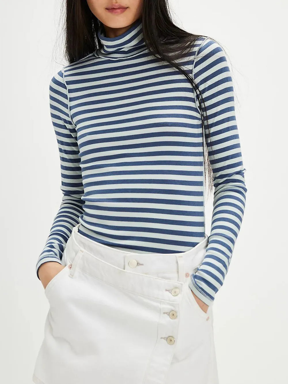 Exposed Seam Striped Turtleneck Long Sleeve T-Shirt.