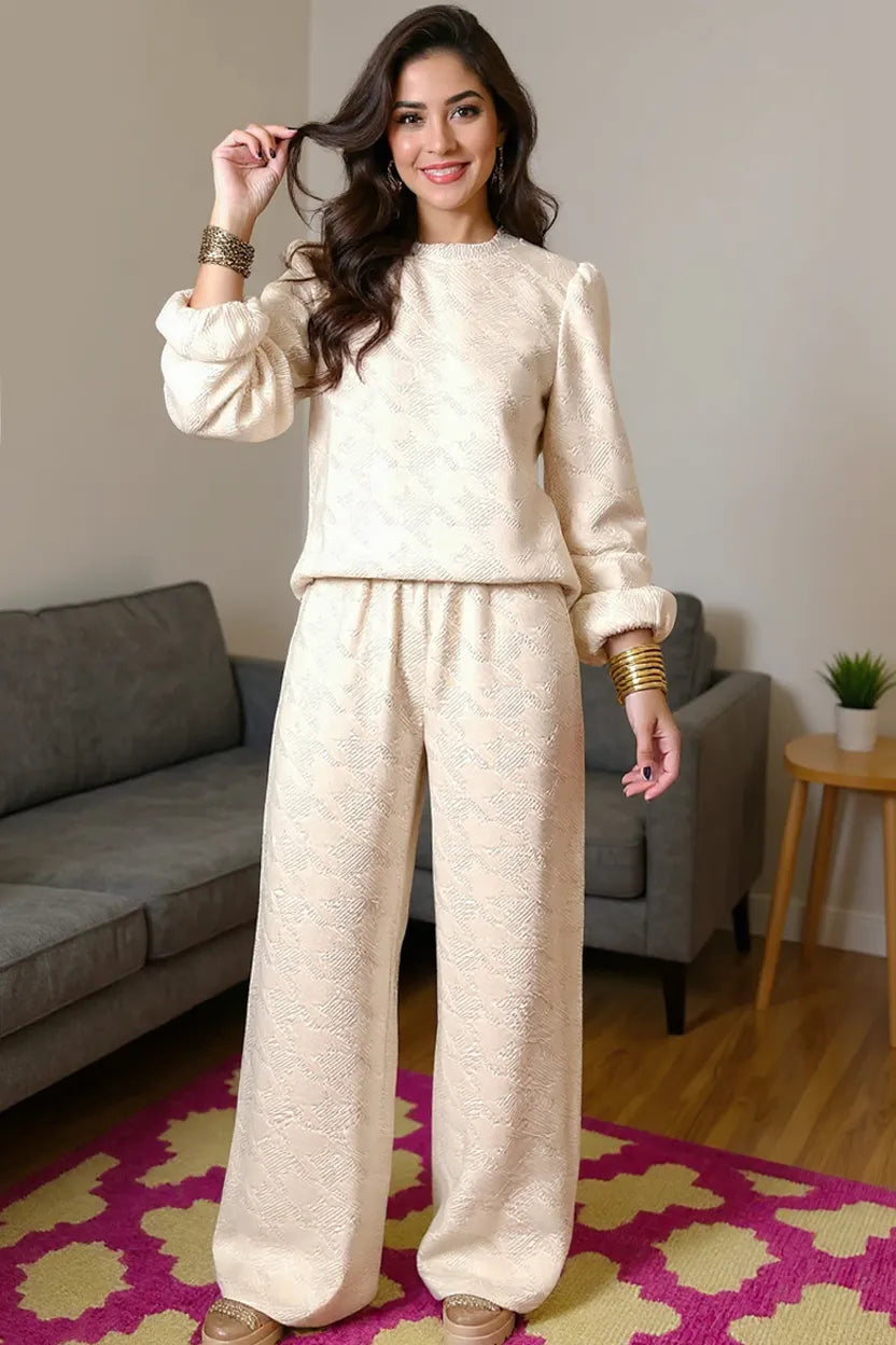 Double Take Texture Long Sleeve Top and Wide Leg Pants Set.