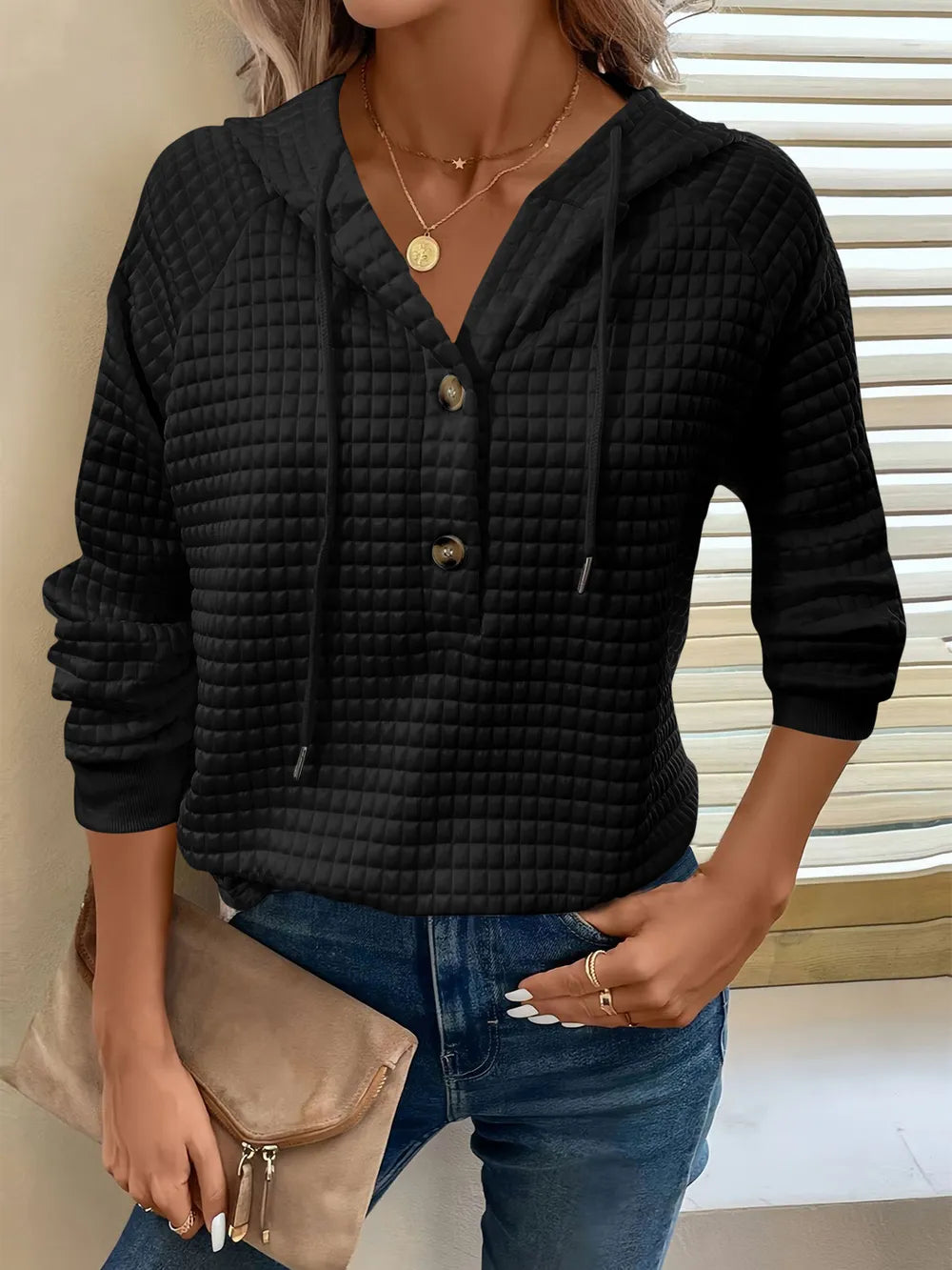 Full Size Texture Button Detail Drawstring Long Sleeve Hoodie.