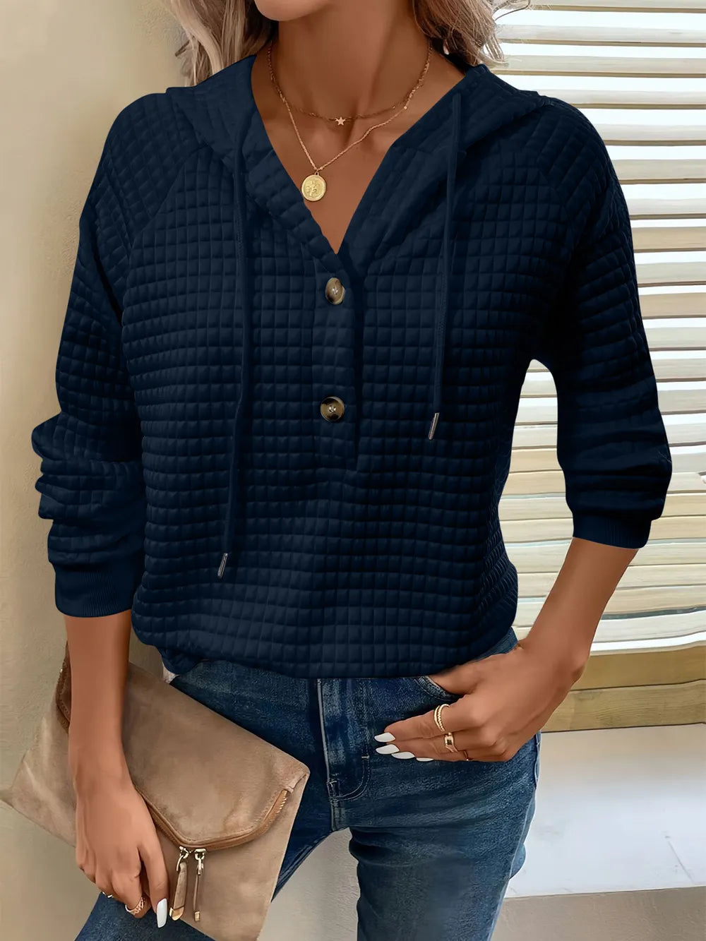 Full Size Texture Button Detail Drawstring Long Sleeve Hoodie.