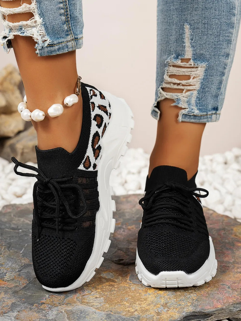 Cutout Leopard Lace Up Mesh Athletic.
