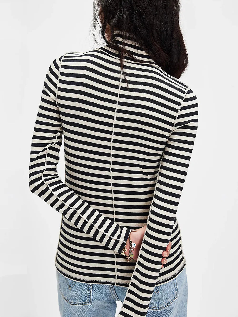 Exposed Seam Striped Turtleneck Long Sleeve T-Shirt.