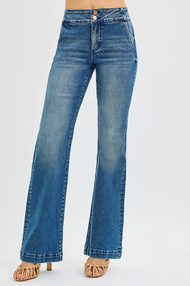 RISEN Full Size Tummy Control High Rise Bootcut Jeans with Double Button Waistband Plus Size.