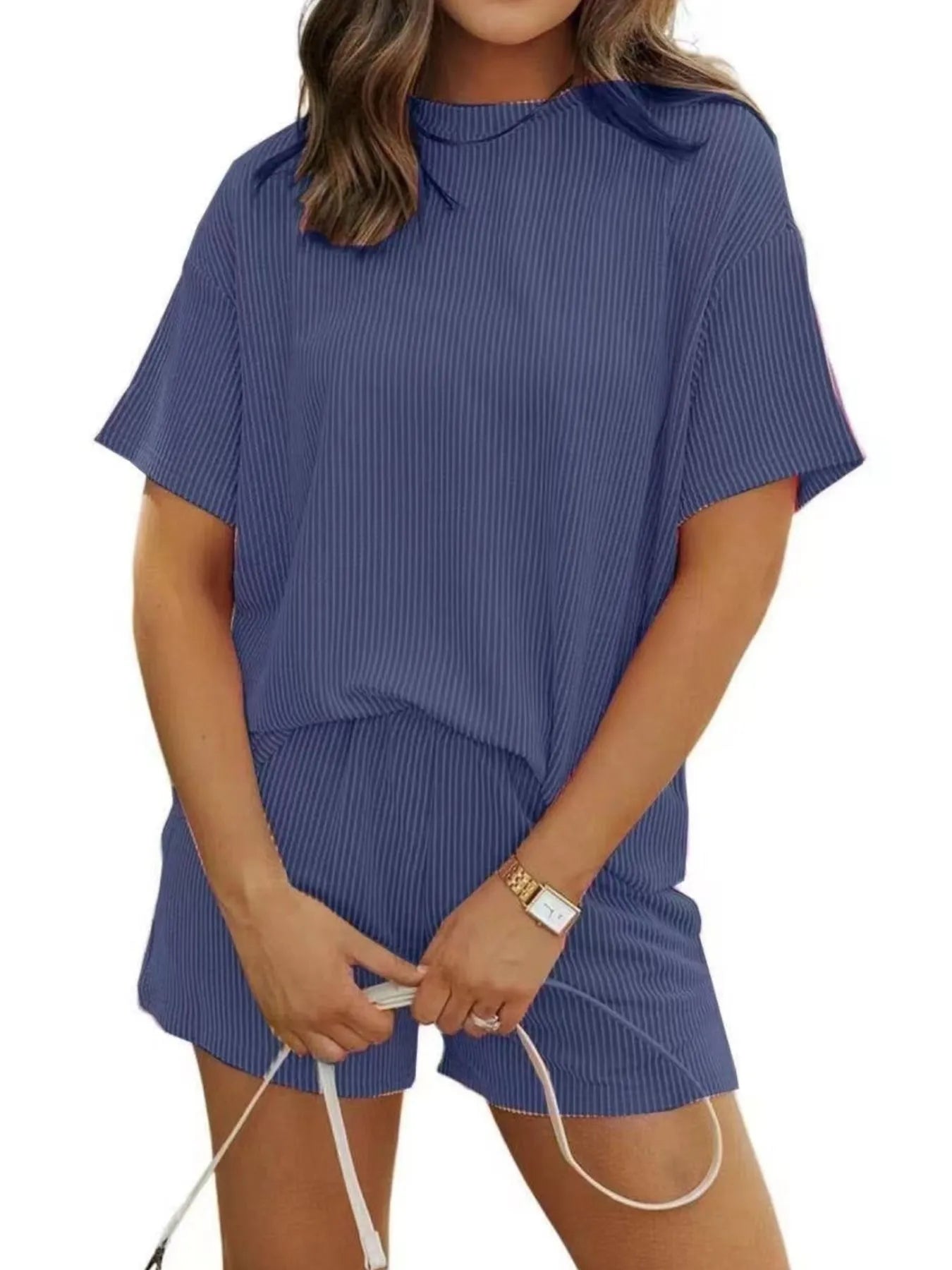 Full Size Ribbed Short Sleeve Top and Shorts Two-Piece Set Plus Size.