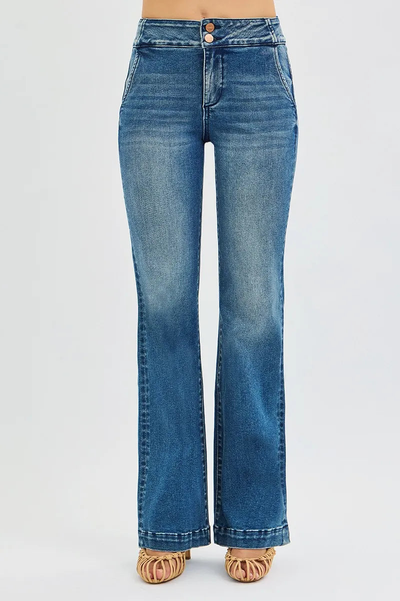 RISEN Full Size Tummy Control High Rise Bootcut Jeans with Double Button Waistband Plus Size.