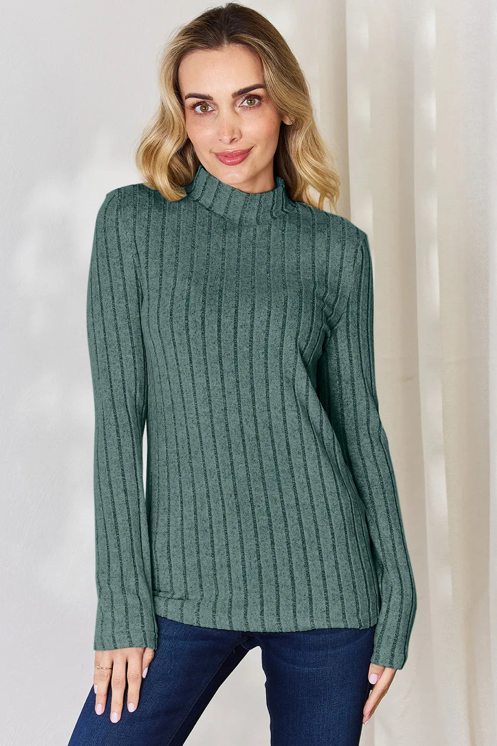 Basic Bae Full Size Ribbed Mock Neck Long Sleeve T-Shirt.