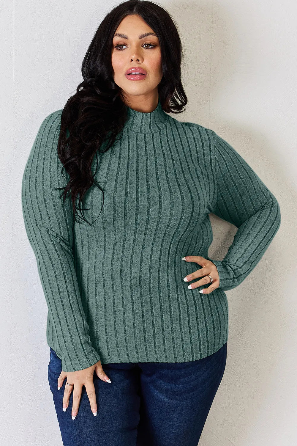 Basic Bae Full Size Ribbed Mock Neck Long Sleeve T-Shirt.