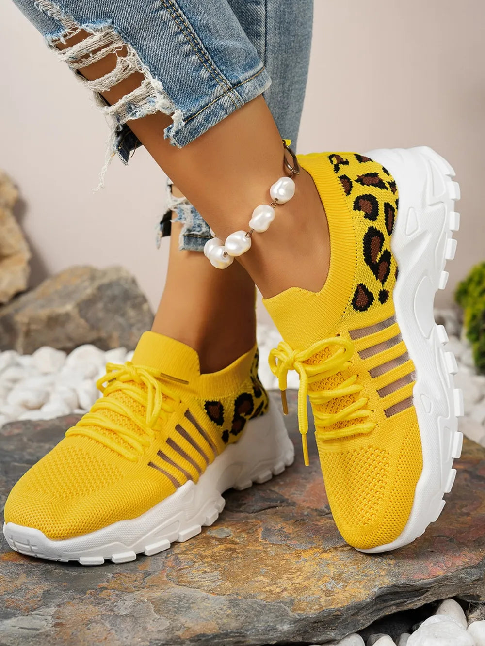 Cutout Leopard Lace Up Mesh Athletic.
