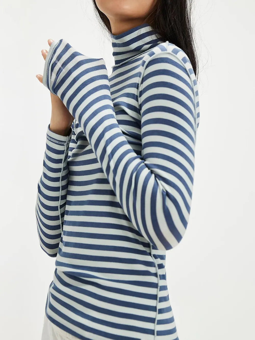 Exposed Seam Striped Turtleneck Long Sleeve T-Shirt.
