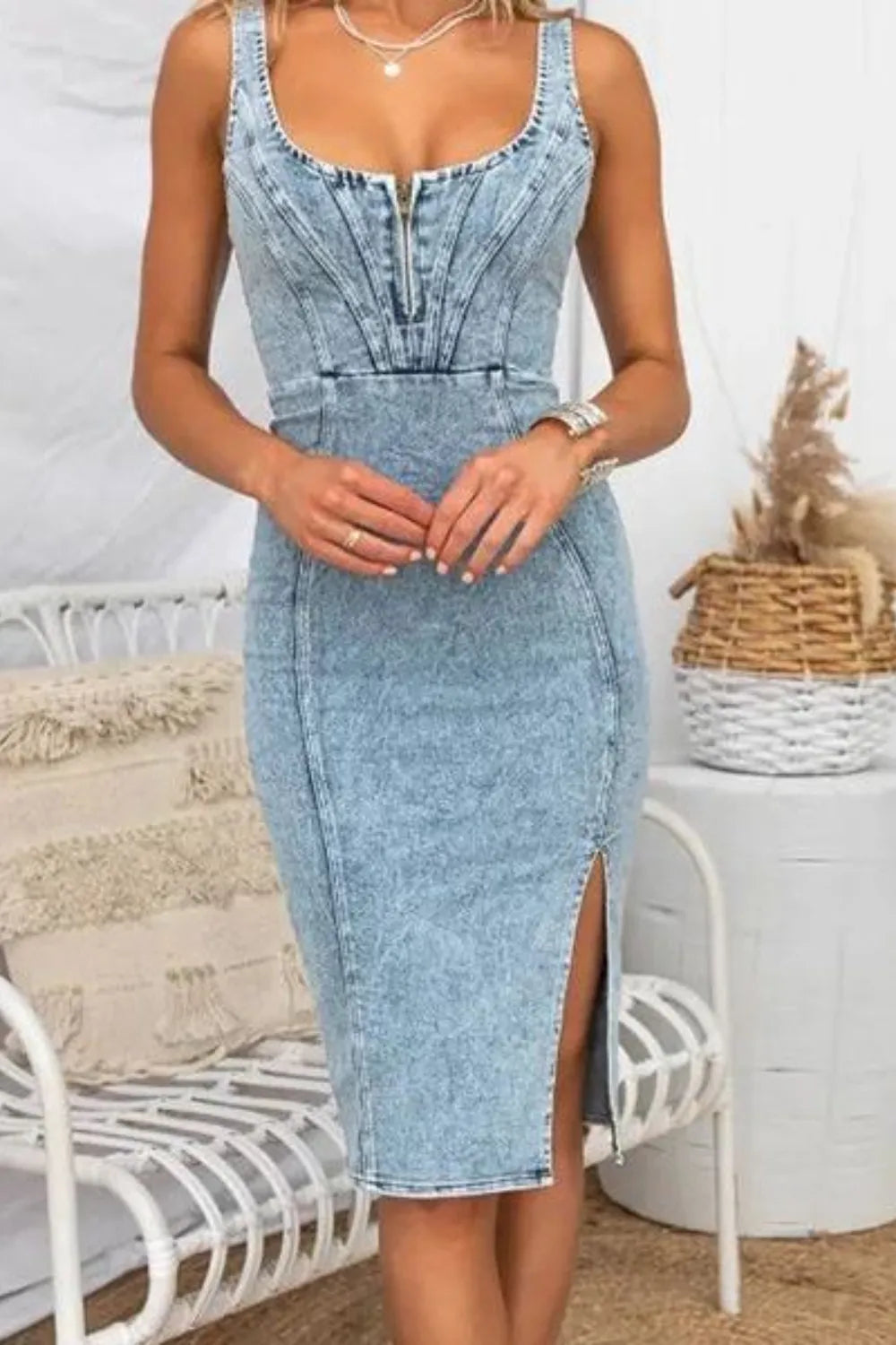 Side Slit Washed Scoop Neck Denim Dress.