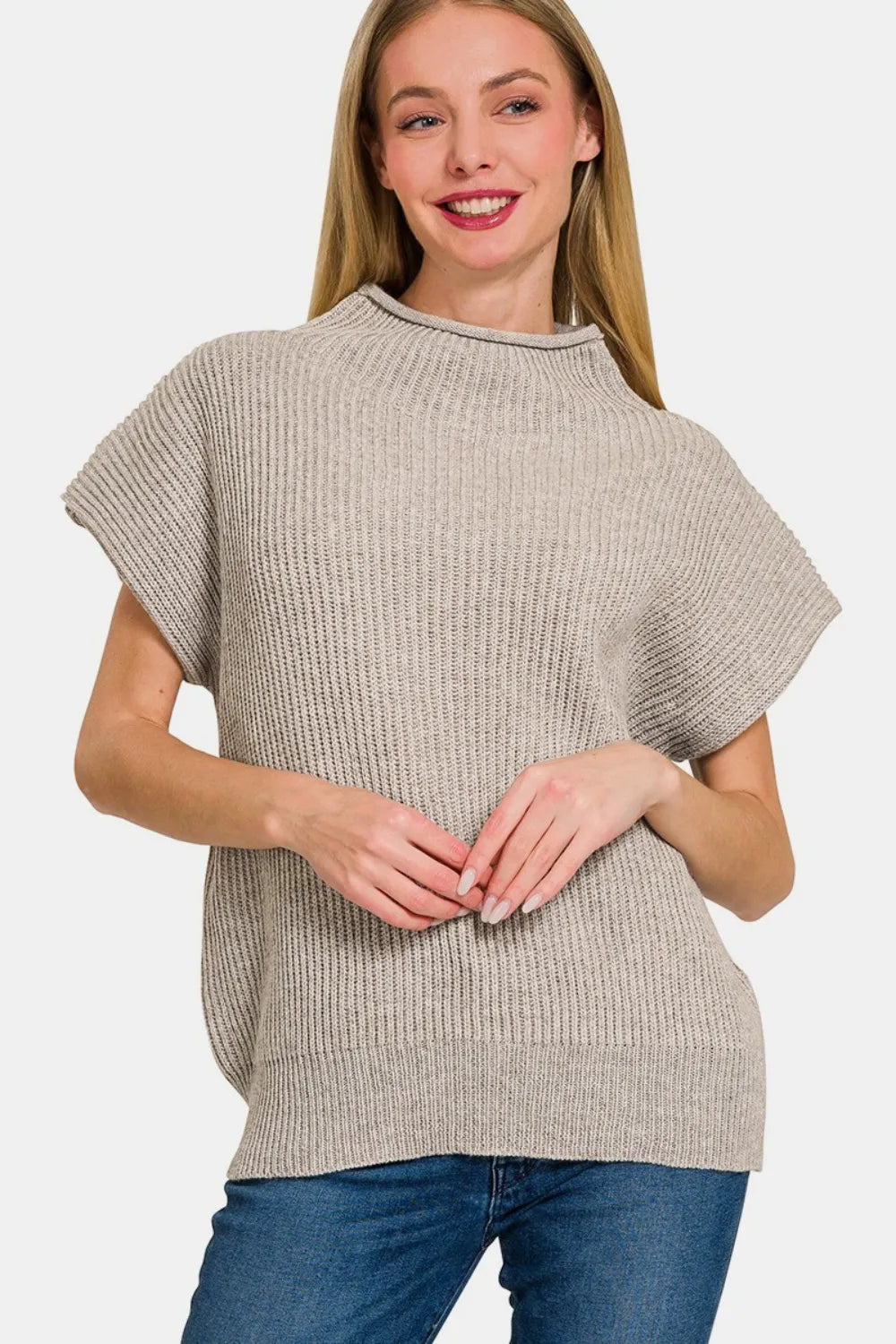 Zenana Short Sleeve Mock Neck Sweater.