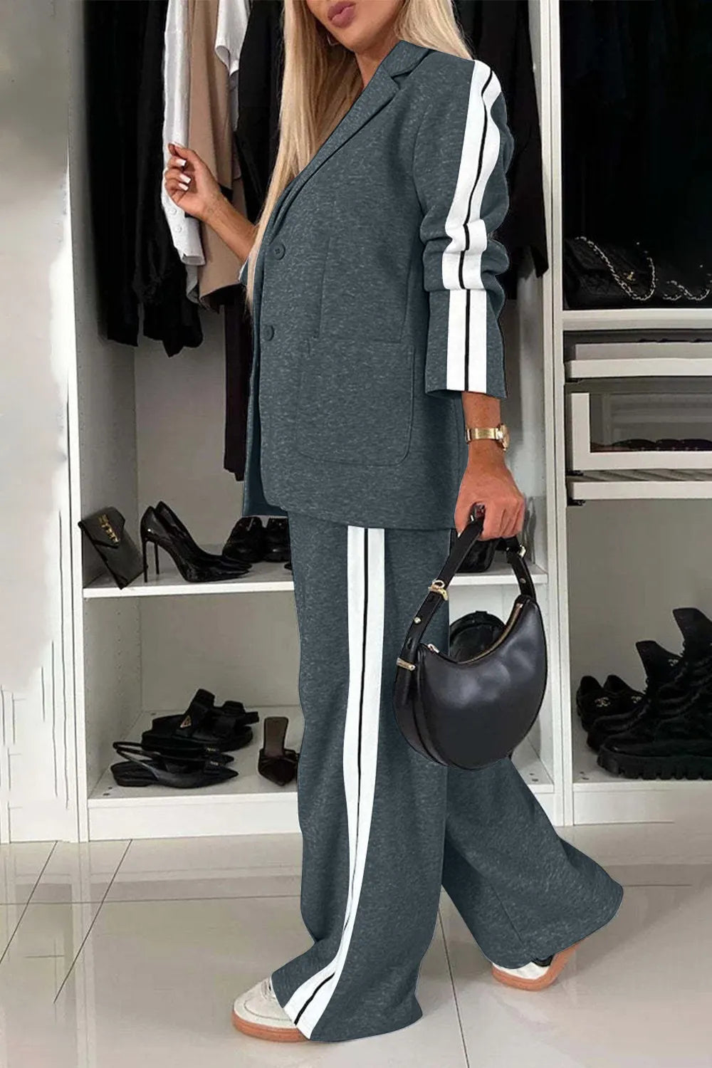 Full Size Contrast Lapel Collar Top and Pants Set.