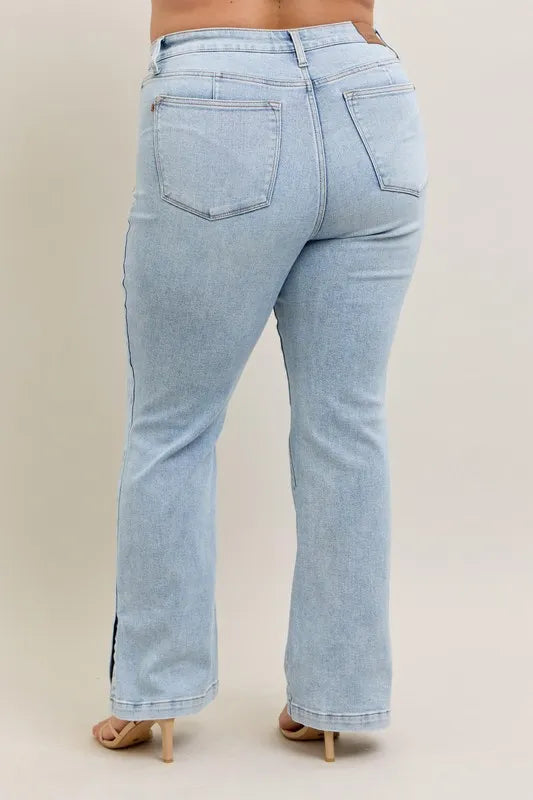 Judy Blue Full Size Tummy Control Vintage Wash Side Slit Slim Boot Jeans Plus Size.