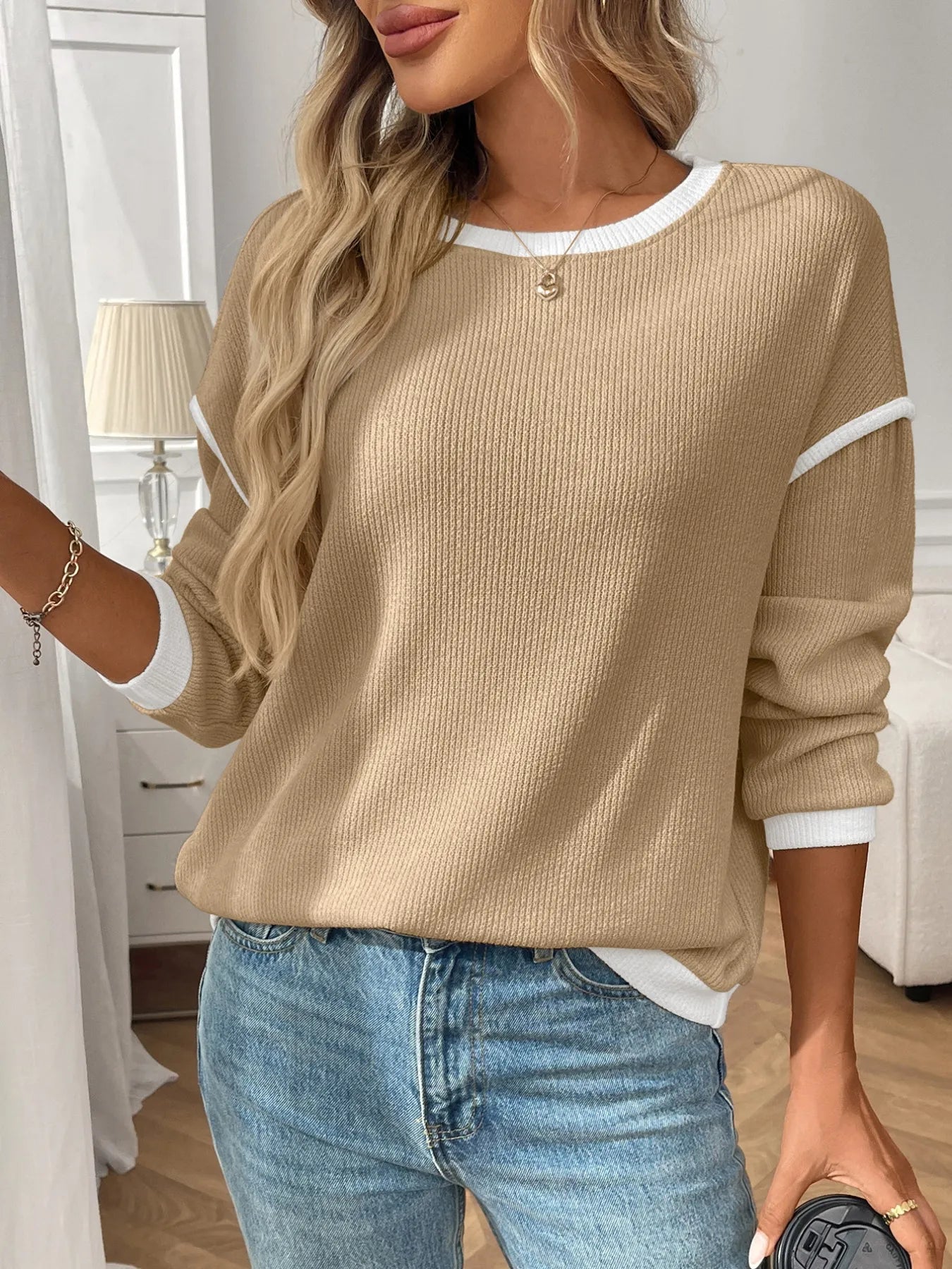 Ribbed Contrast Trim Long Sleeve Top.