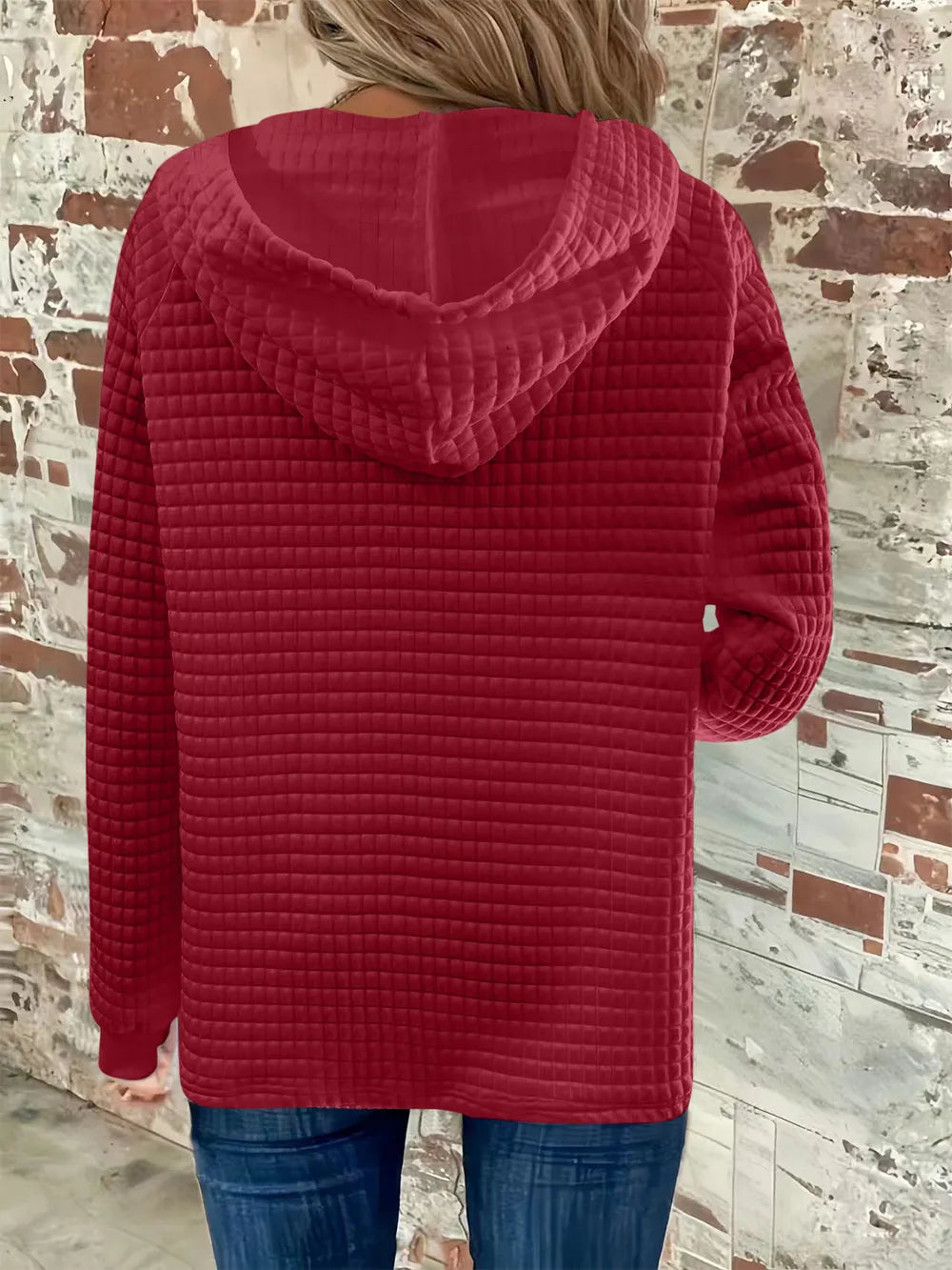 Full Size Texture Button Detail Drawstring Long Sleeve Hoodie.