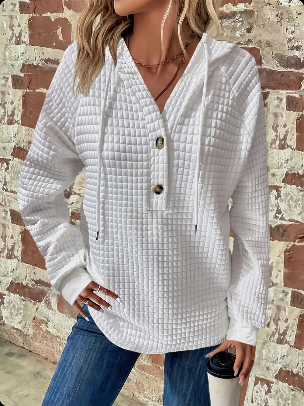 Full Size Texture Button Detail Drawstring Long Sleeve Hoodie.