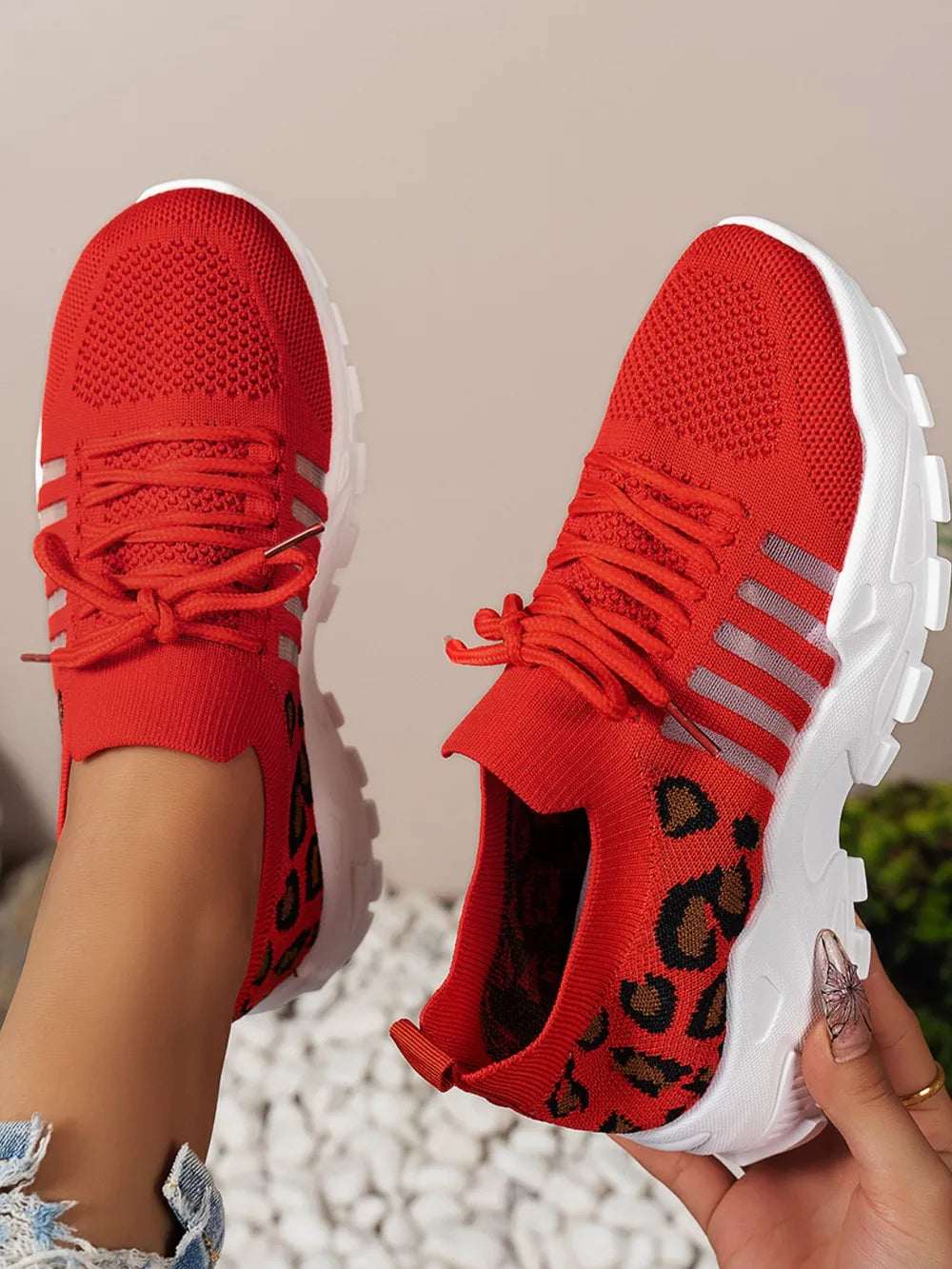 Cutout Leopard Lace Up Mesh Athletic.