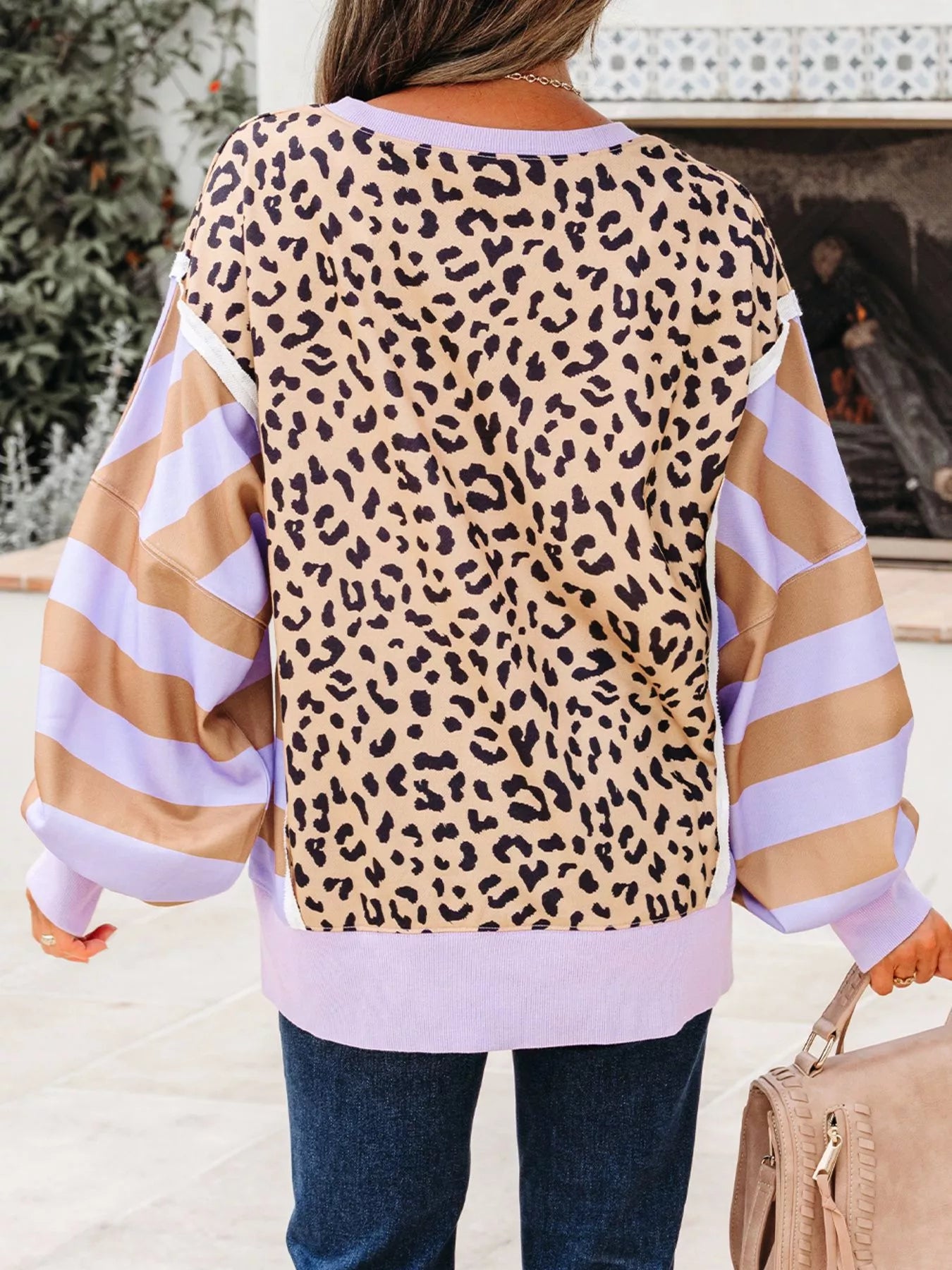Stripe Color Block Patchwork Leopard Casual Sweatshirt with Slits.