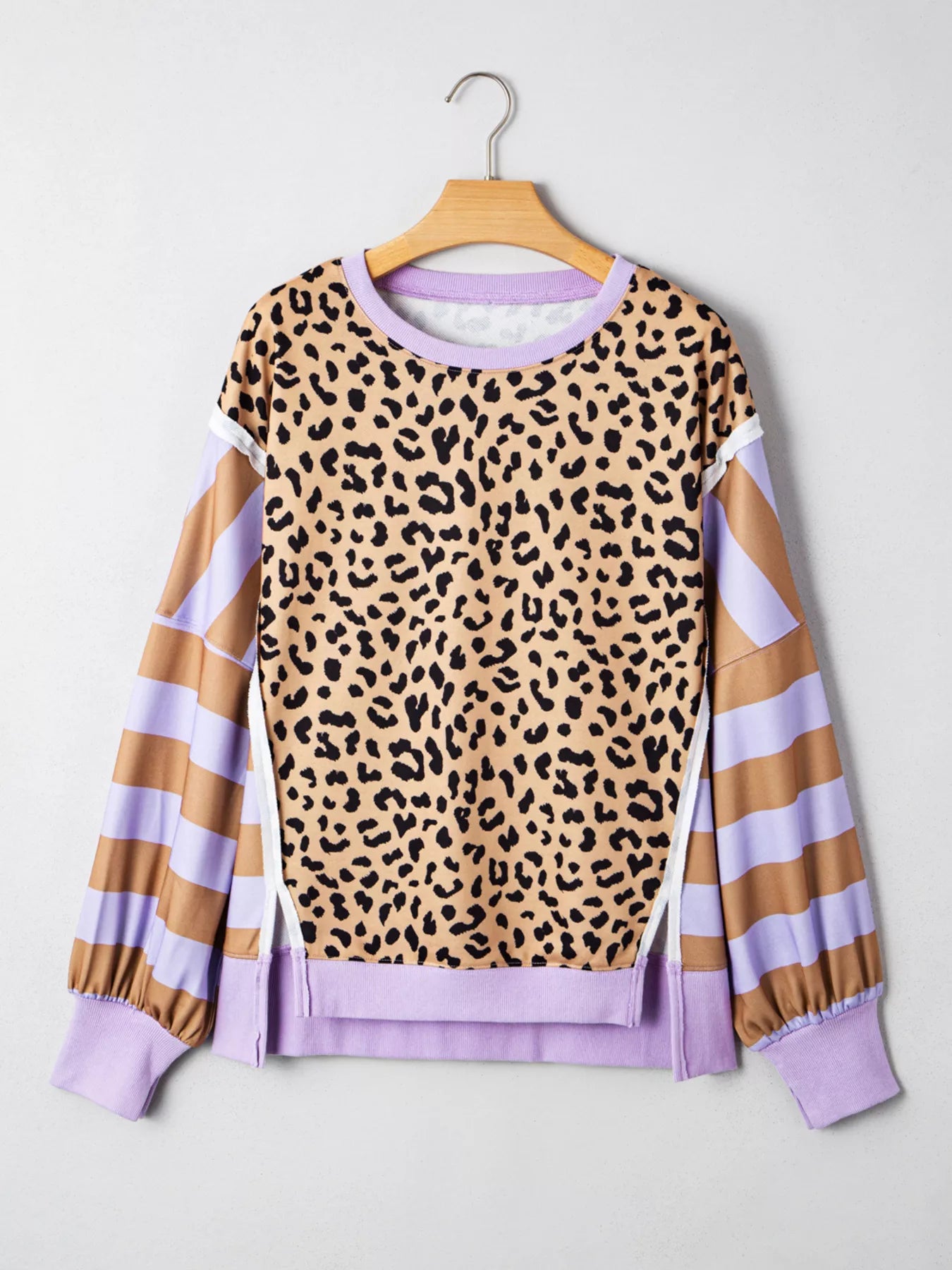 Stripe Color Block Patchwork Leopard Casual Sweatshirt with Slits.