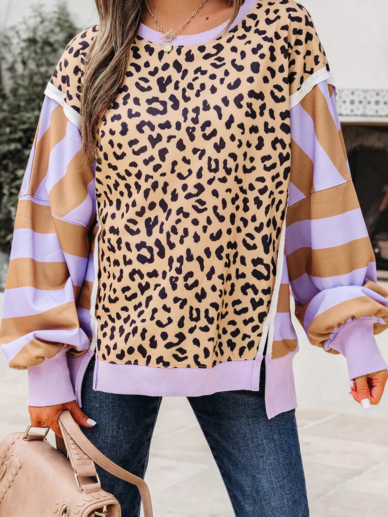 Stripe Color Block Patchwork Leopard Casual Sweatshirt with Slits.