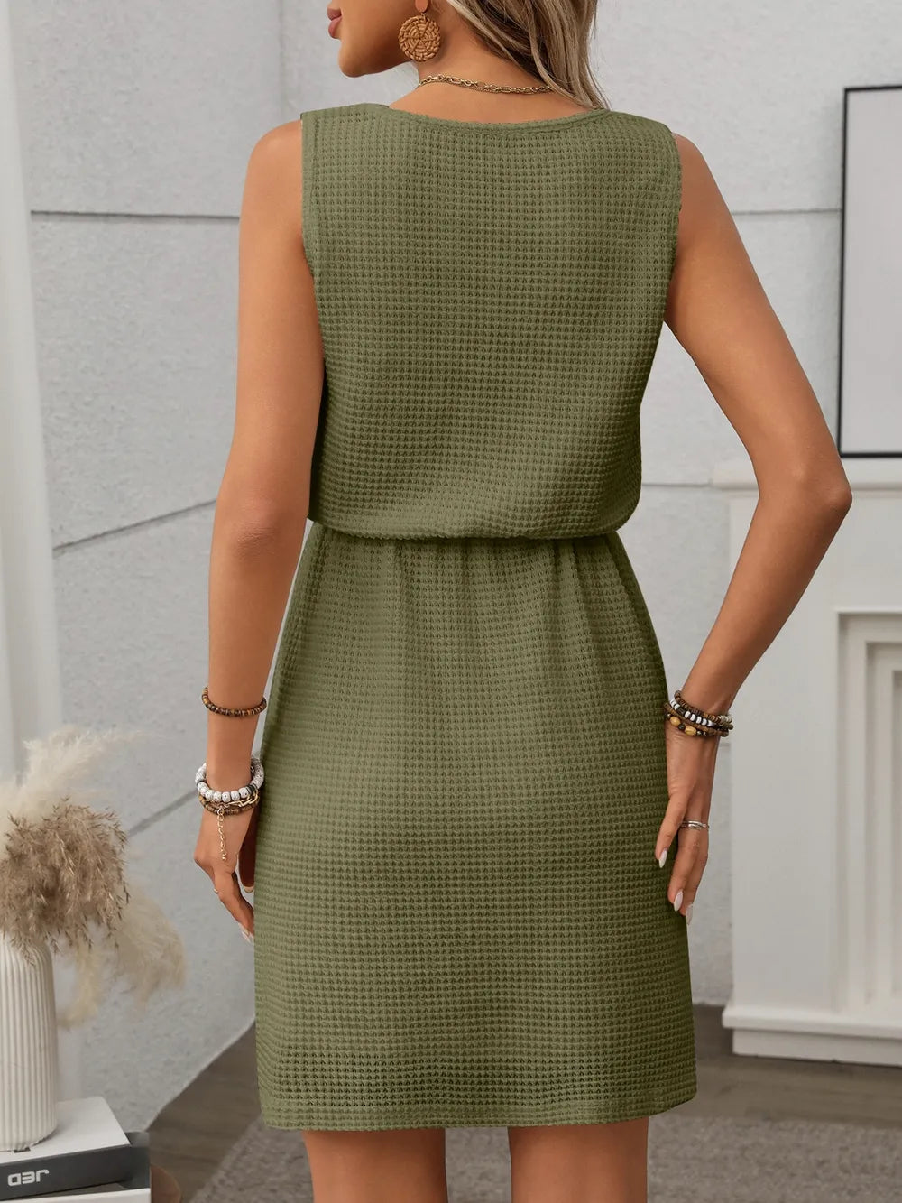 Waffle-Knit Drawstring Mini Tank Dress.