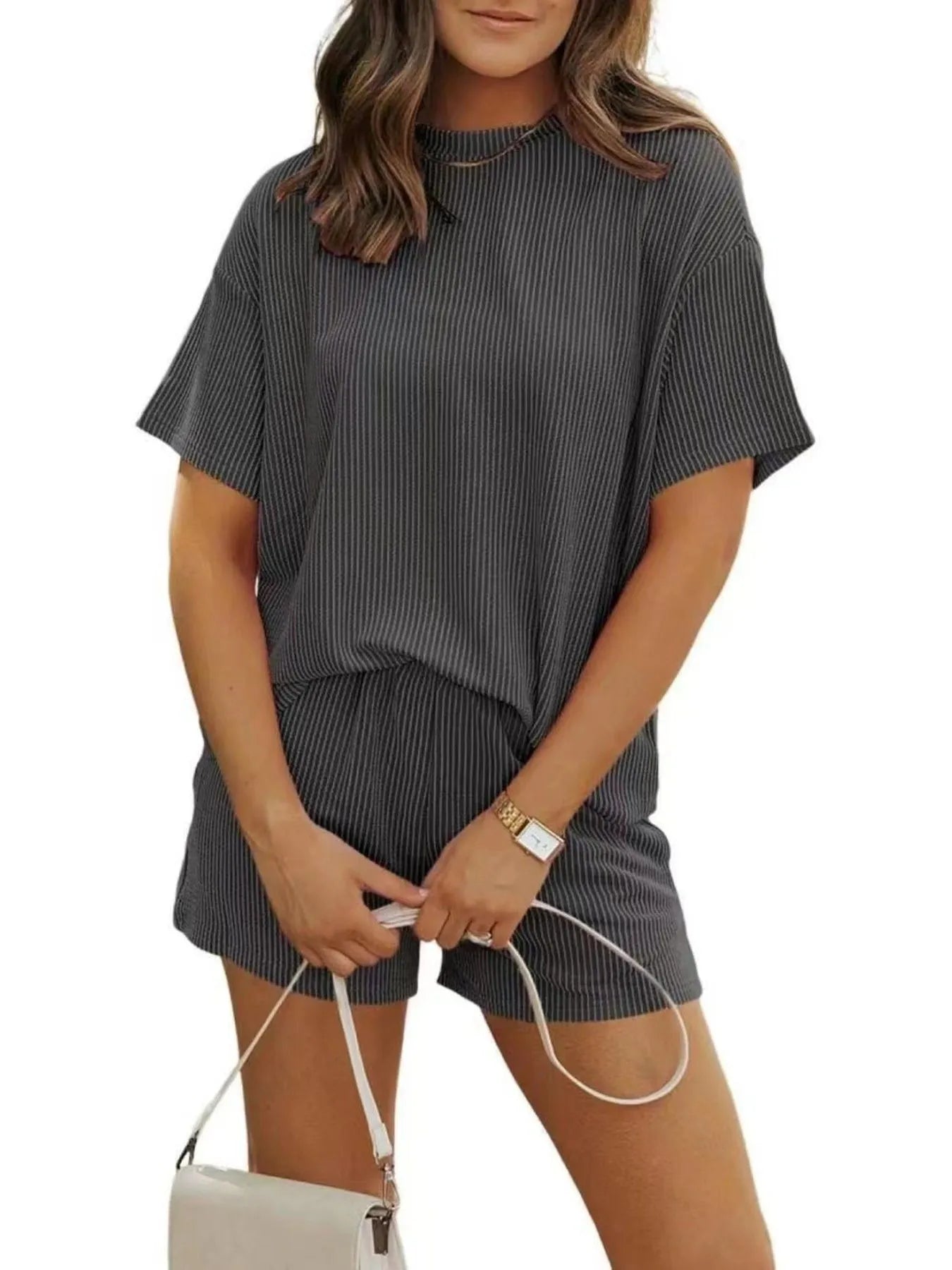 Full Size Ribbed Short Sleeve Top and Shorts Two-Piece Set Plus Size.