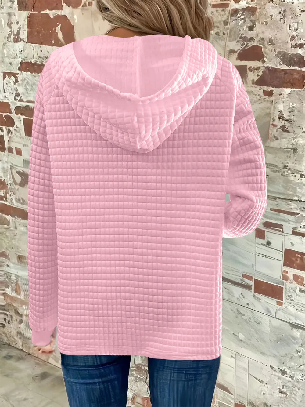 Full Size Texture Button Detail Drawstring Long Sleeve Hoodie.