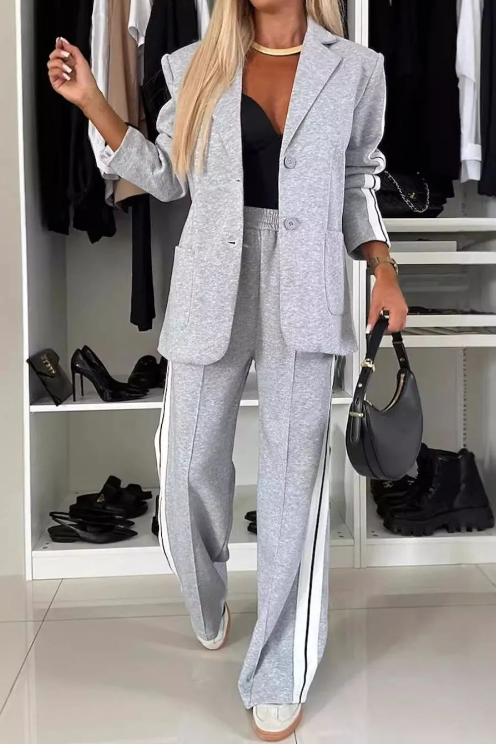 Full Size Contrast Lapel Collar Top and Pants Set.