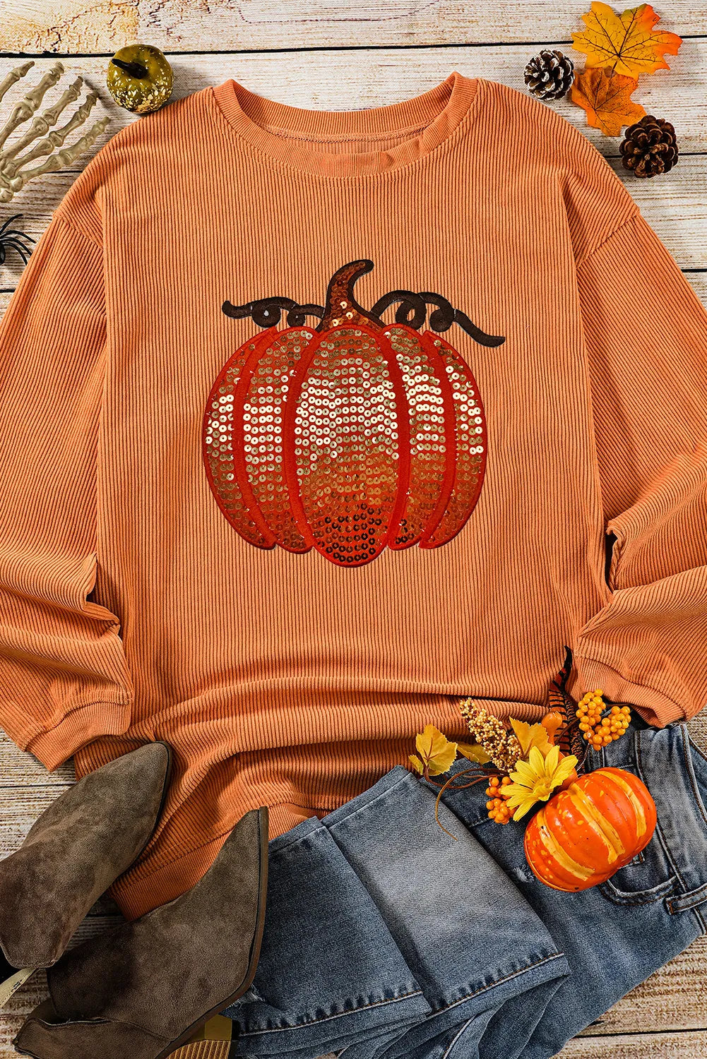 Sequin Pumpkin Round Neck Long Sleeve Sweatshirt.