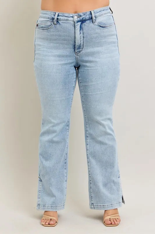 Judy Blue Full Size Tummy Control Vintage Wash Side Slit Slim Boot Jeans Plus Size.