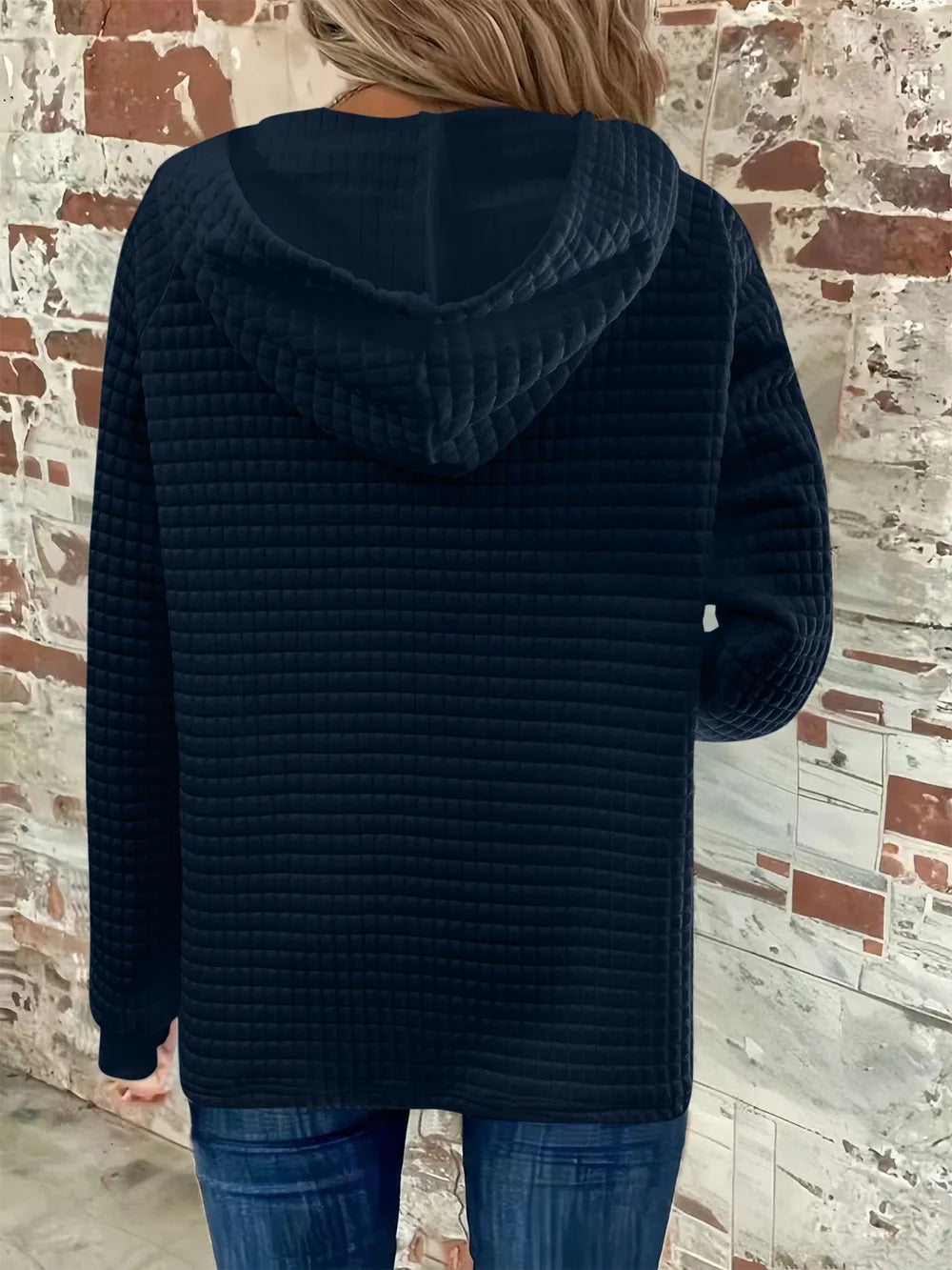 Full Size Texture Button Detail Drawstring Long Sleeve Hoodie.