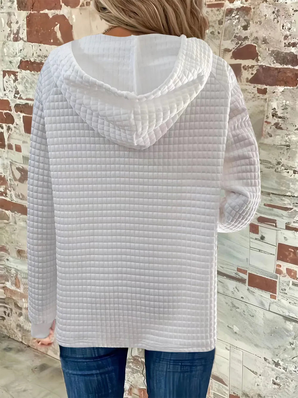 Full Size Texture Button Detail Drawstring Long Sleeve Hoodie.