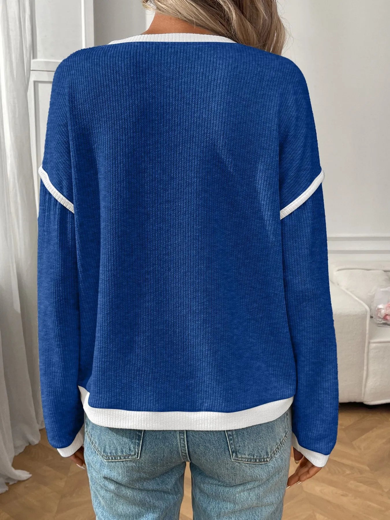 Ribbed Contrast Trim Long Sleeve Top.