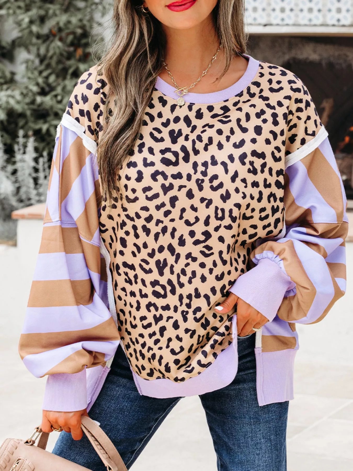 Stripe Color Block Patchwork Leopard Casual Sweatshirt with Slits.