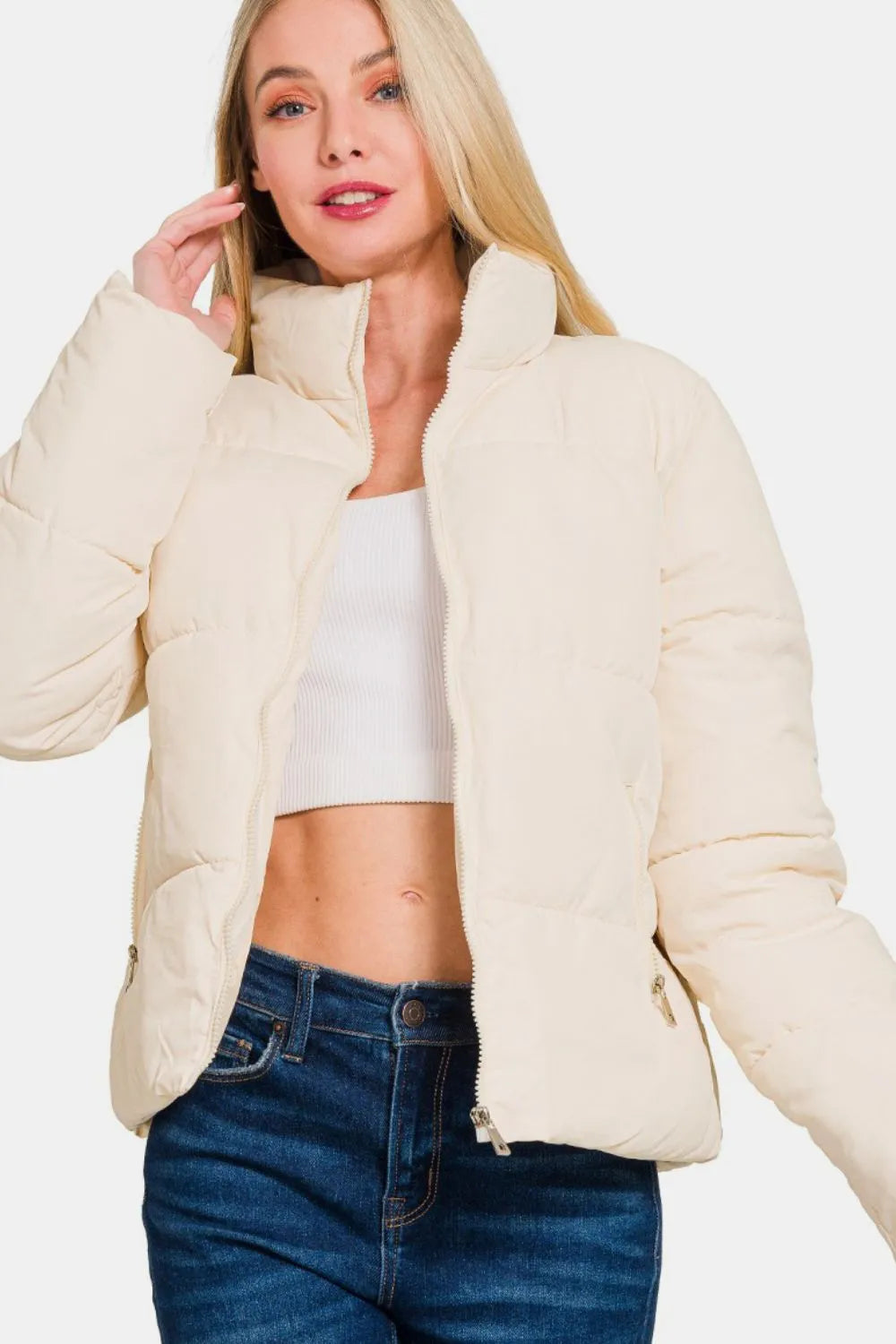 Zenana Zip Up Turtleneck Puffer Jacket with Pockets.