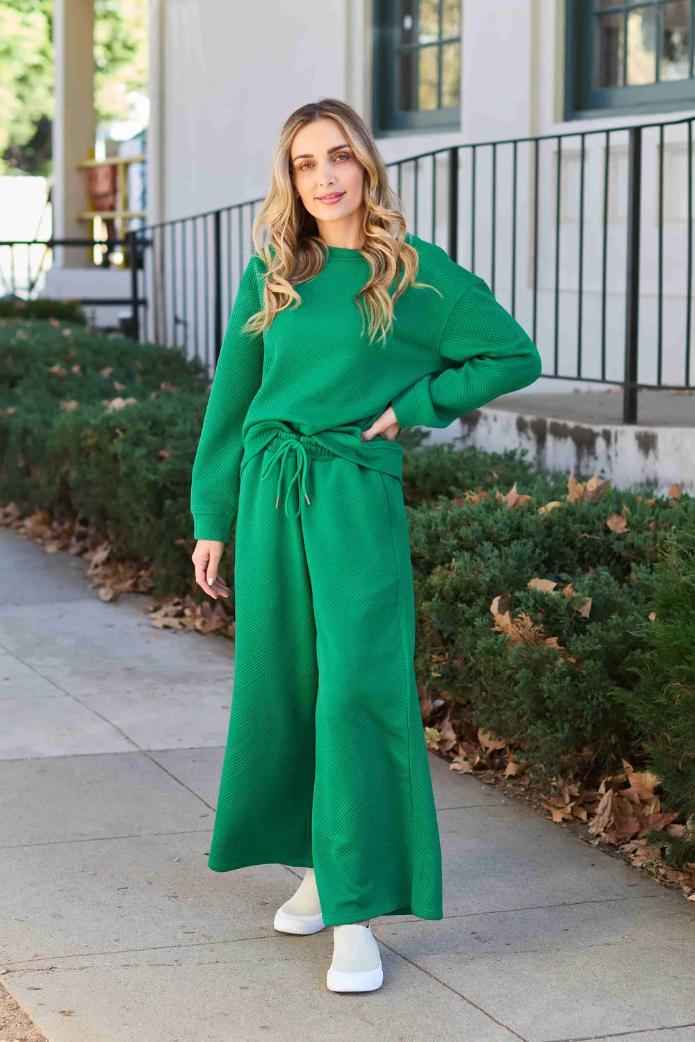 Double Take Full Size Textured Long Sleeve Top and Drawstring Pants Set.
