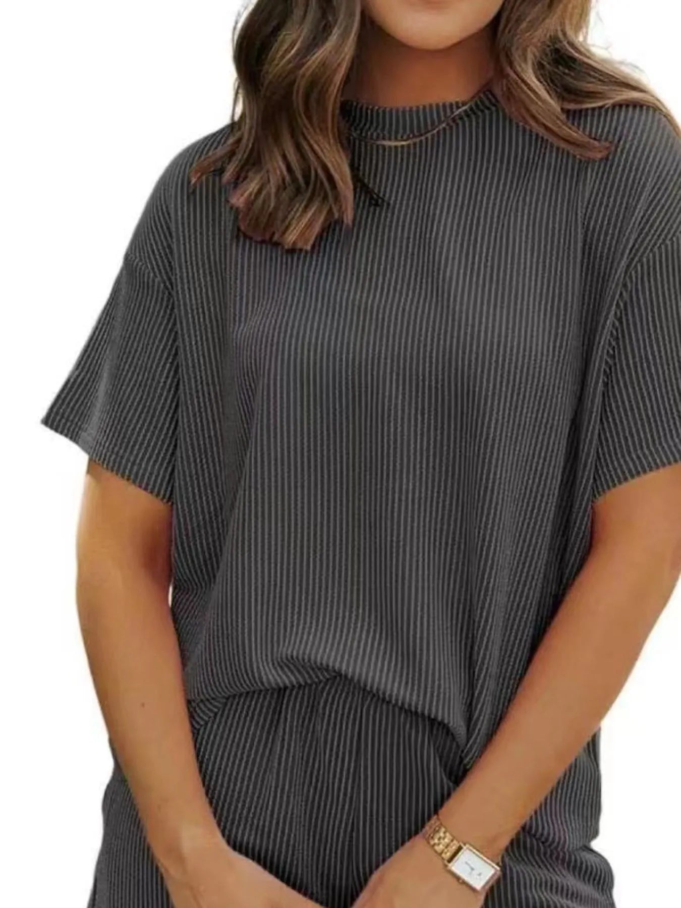 Full Size Ribbed Short Sleeve Top and Shorts Two-Piece Set Plus Size.