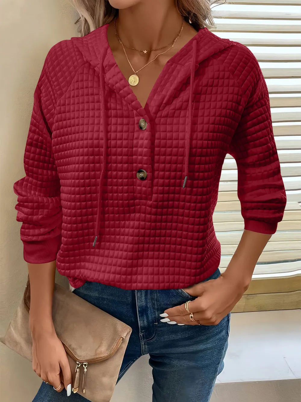 Full Size Texture Button Detail Drawstring Long Sleeve Hoodie.