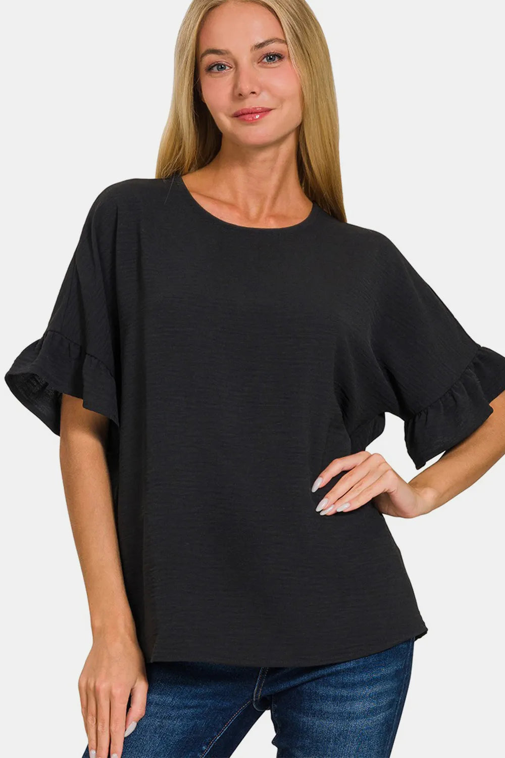 Zenana V-Neck Flutter Sleeve Top.